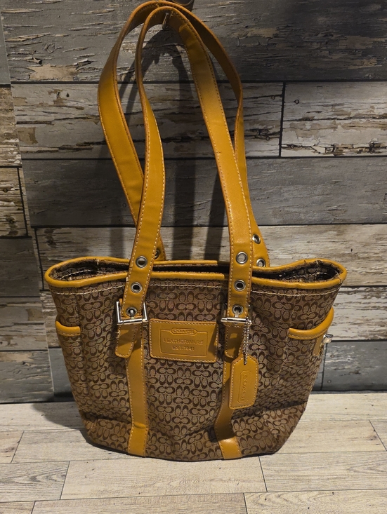 Coach Handbags - Coach Brown Signature Tote with Mustard Trim